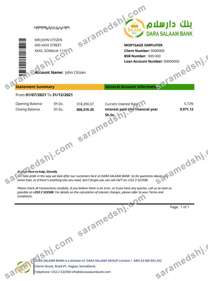 Somalia Dara Salaam Bank excel pdf